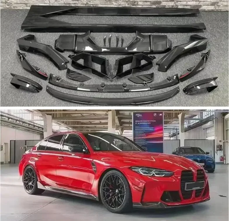 

Front Bumper Lip+Rear Spoiler+Trunk Diffuser Cover+Side Body Skirt For BMW M3 M4 G80 G82 G83 2021 2022 2023 2024Dry Carbon Fiber