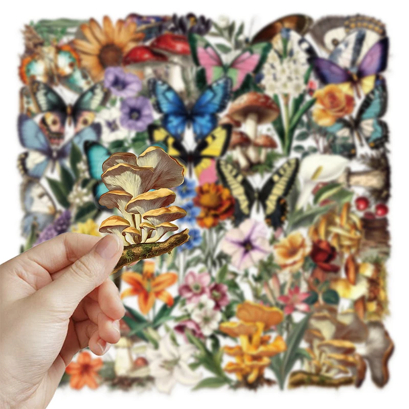 50PCS Retro Forest Animal Stickers Mushroom Butterfly Pattern Waterproof Transparent Decals for Diary Helmet Guitar Water Bottle