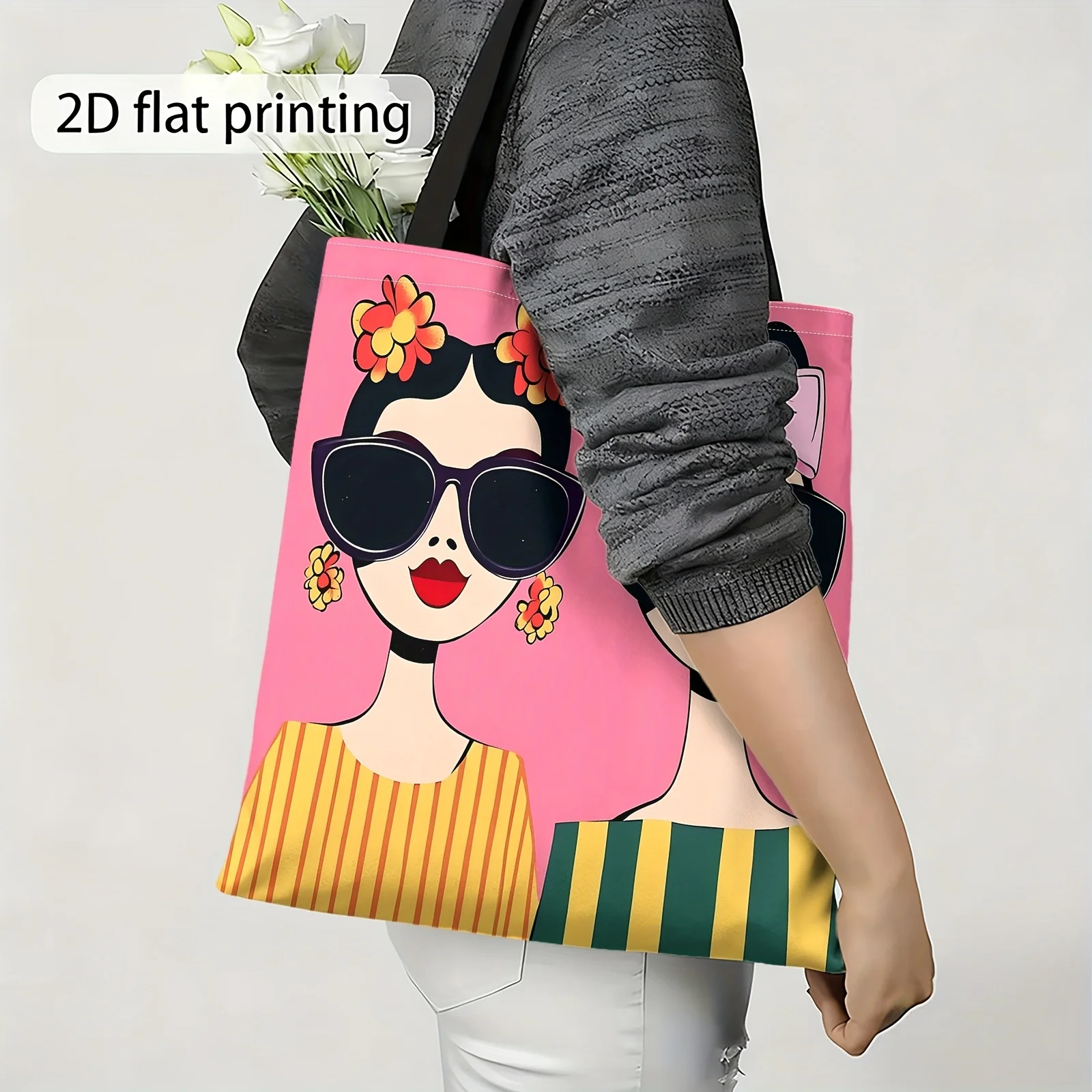 Pink Background, Glasses Printed Shoulder Bag, Reusable Shopping Bag, Women'S Tote And Handbag, Suitable for Everyday Outings