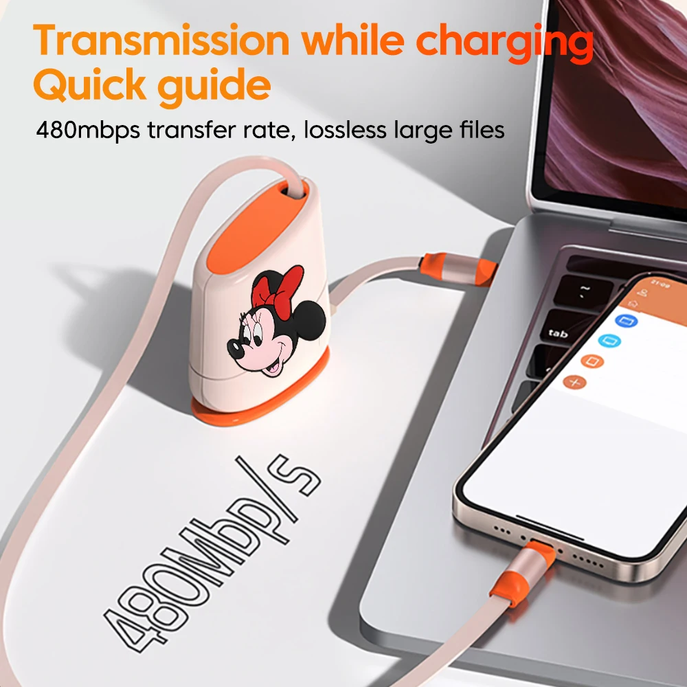 MINISO Disney 100W USB Type C Cable Desktop Retractable PD60W Type C to Type C Fast Charging Data Cord For iPhone 15 Huawei