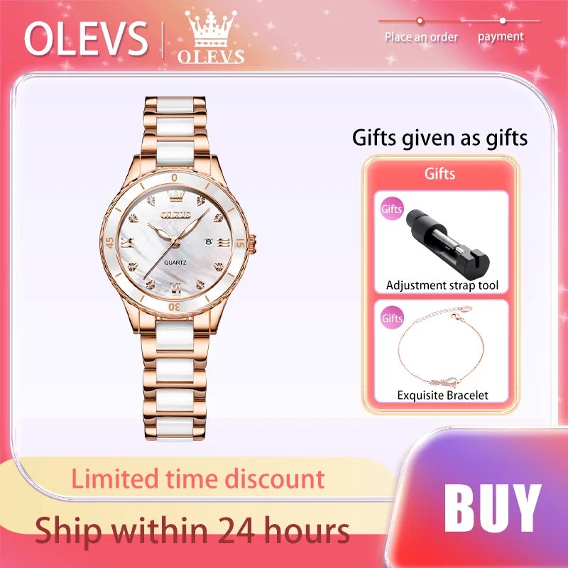 OLEVS Top Light Luxury Brand Exquisite Women's Watches Fritillaria Dial Quartz Watch for Lady Calendar Waterproof Gift Bracelet