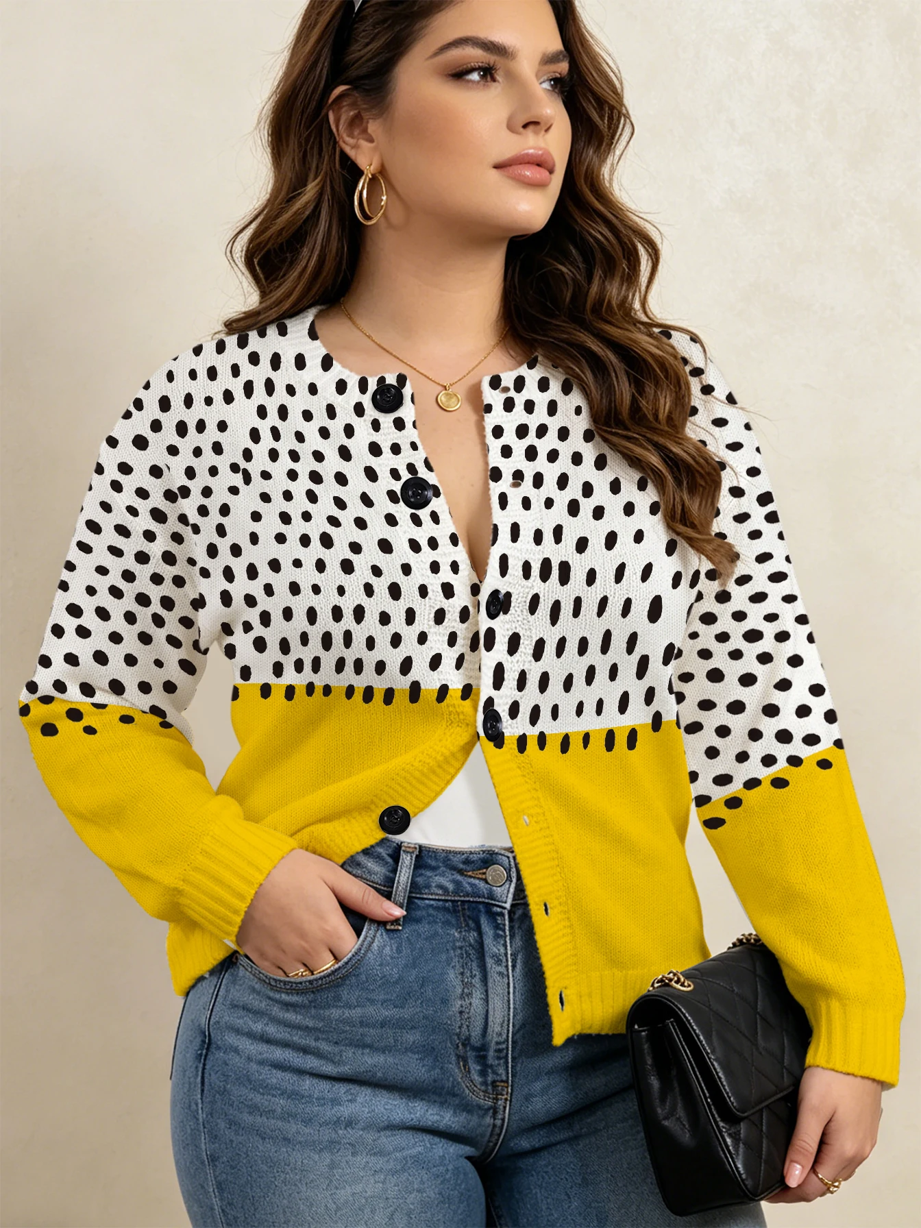 Women's Cardigan Knit Top, Thin Style for Autumn and Winter, Yellow and White Color-Blocked Polka Dot Pattern, Non-Positioned Print, American Retro Casual Style, Suitable for Everyday Casual Wear view 4