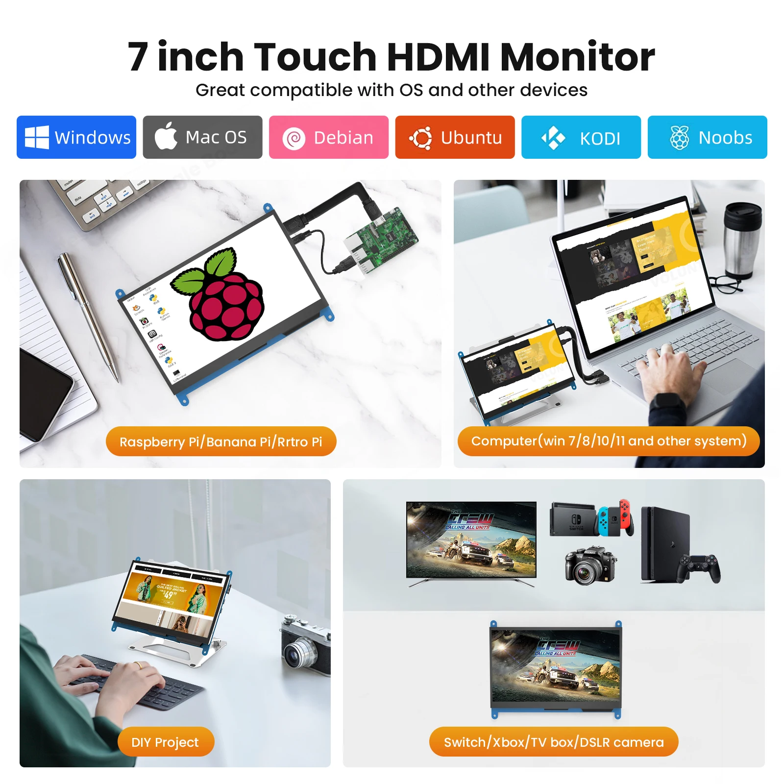 Imagem -04 - Miktver Polegada Monitor Touchscreen Capacitivo 5-pontos 1024x600 hd Ips Display Suporte Raspberry pi b b Mais a Mais Win 10 7