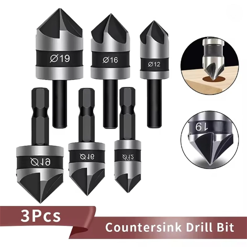 3PC 12/16/19mm hexagonal shank 90 degree black five blade chamferer countersink drill woodworking hole opener tool set