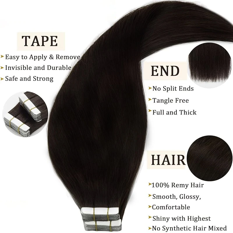 Mini Tape in Hair Extensions de cheveux humains, Cheveux raides, 100% Remy Hair, Extensions de trame de peau invisible sans couture, 16-26 ans, # 1B, 20 pièces