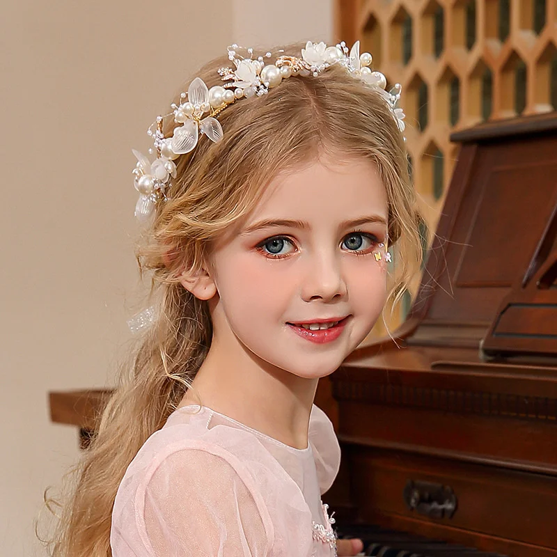 Diademas de corona de flores de perlas de princesa, diademas elegantes para niñas dulces, flor de muñeca, boda, fiesta, tocado de baile, decoración