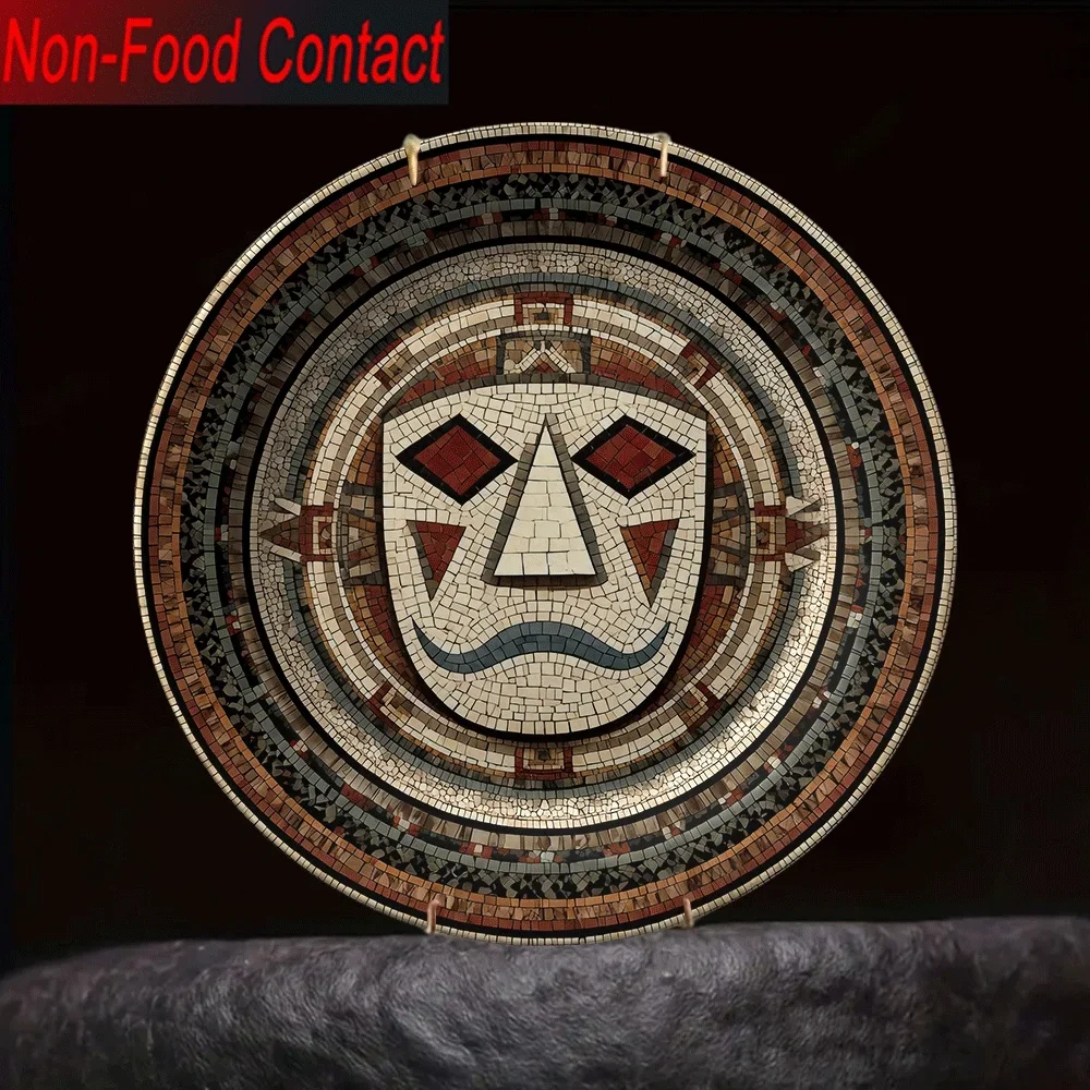 1pc Aztec-Inspired Ceramic Decorative Plate - Non-Food Contact, Vibrant Tribal Mask Design, Perfect for Home, Office, or Gift,
