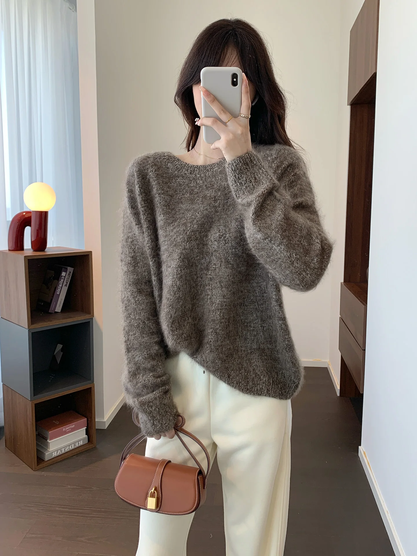 

Ele Loose Fit Long Sve Knitted Sweater Merino Wool Floing Brued round Ne mat Sle Women's Autumn Wear