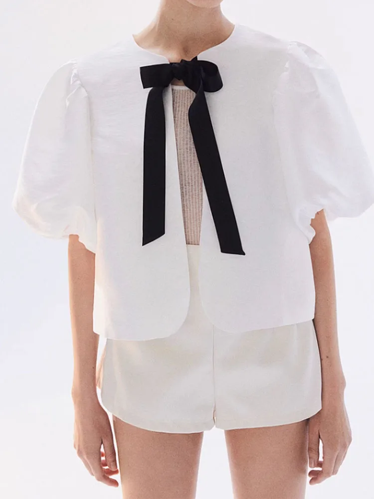 

2024 summer new arrivals, sweet and versatile, wrinkled, fashionable and comfortable, lantern short-sleeved round neck tops
