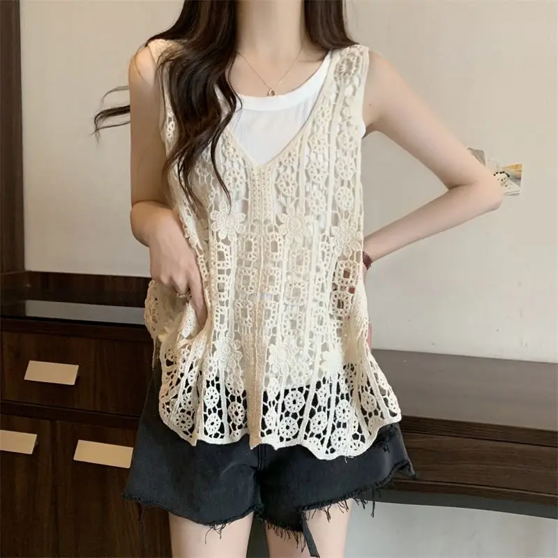 Crochet Sweater Vest for Women Sleeveless Hollow-out Open Knit Tanks Summer Bohemian Beach Cover-up Festival Outfit