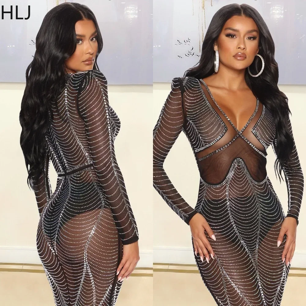 

HLJ Black Sexy Mesh Perspective Rhinestones Nightclub Dresses Women Deep V Long Sleeve Bodycon Maxi Dress Fashion Slim Vestidos