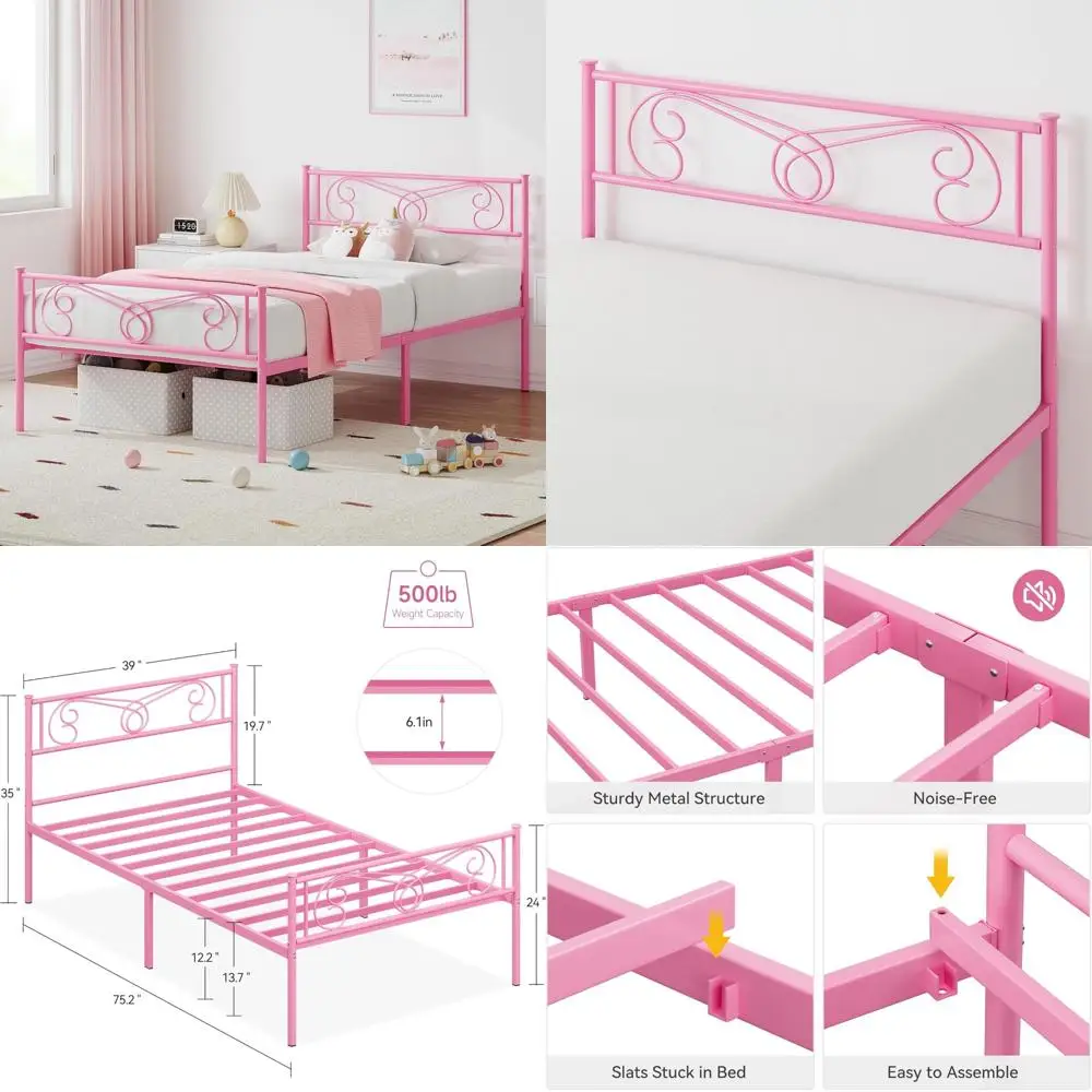 

Children's Metal Twin Bed with Headboard and Footboard, Sturdy Twin Size Metal Platform Bed Frame, Heavy Duty Slatted Support