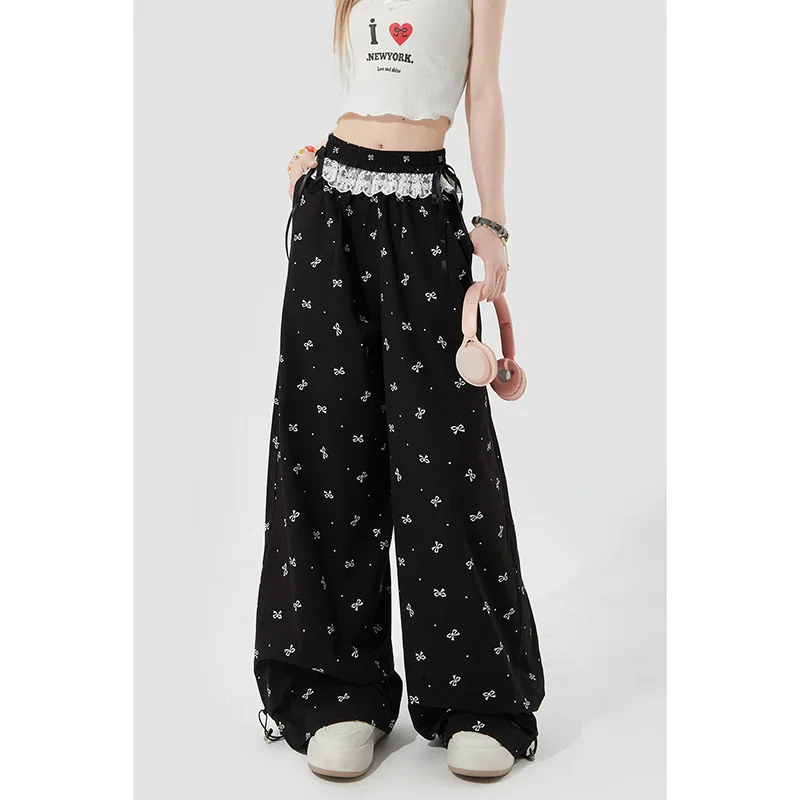 Black Bow Lace Wide Leg Pants For Women 2024 Summer New Polka Dot Print High Waist Slimming Casual Long Pants