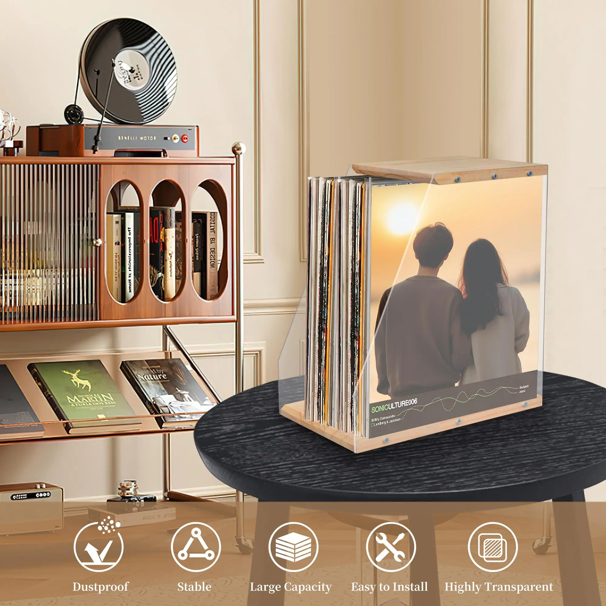 Wooden Record Rack Desktop Ornament Transparent Vinyl Record Display Rack Cassette Book Storage Box Solid Wood Organizer