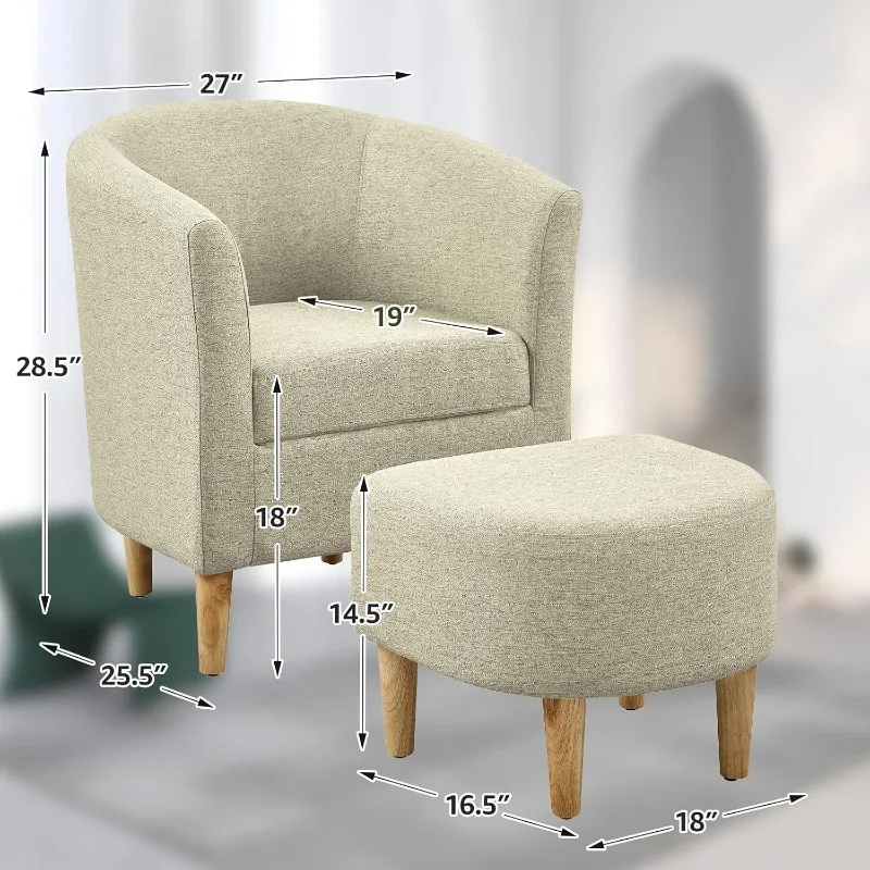 Accentstoel, tonstoel met poef, comfortabele arm, moderne voetensteunset uit het midden van de eeuw, comfortabele woonkamerstoelen gestoffeerd