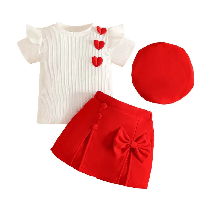 Baby Clothing 3Pcs/Set Summer Baby Girls Heart-Print Pinstripe Short Sleeves Top and Skirt-Pants Hats 1–3 Years Infants Outfits