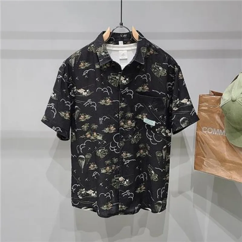 Seaside Vacation Style Beach Cool Leisure Printing Refreshing Versatile Personality Loose Men's Short Sleeved Shirt Summer 2024