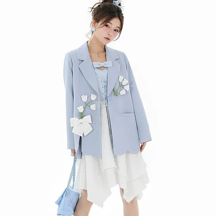 Sweet Fresh Literary Style Blazers Coats Women\'s High-end Three-dimensional Flower Bow Casual Slimming Temperament Suit Jackets