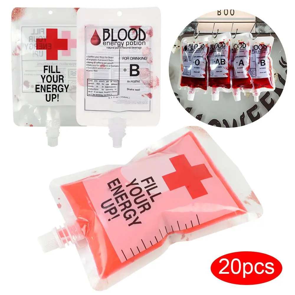 20Pcs 250ml PVC Halloween Blood Bag Food Grade Drink Bag Vampire Blood Pouch Energy Pack Horror Props Cosplay Party Decoration