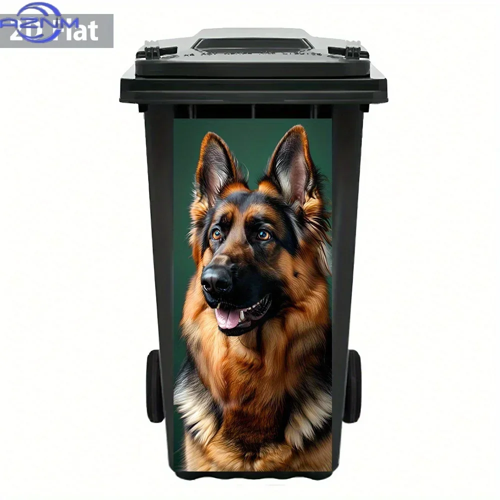 Close-Up of a 2D Flat German Shepherd Sticker for Trash Cans – Waterproof, Easy to Peel, Featuring a Pet Portrait with a Loyal
