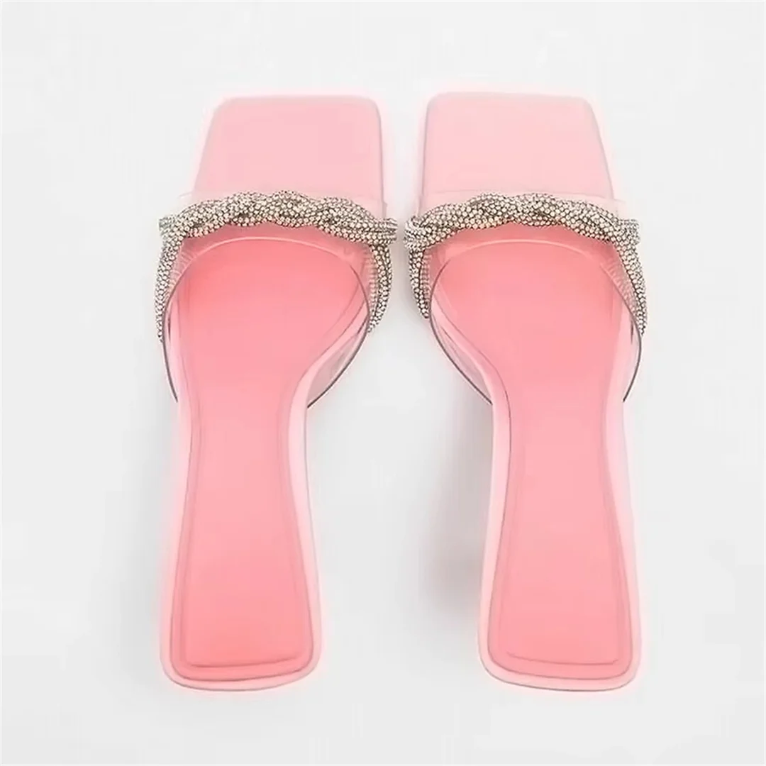 TRAF Rhinestone Transparent Pink Slingbacks Shoes Women's Square Head Open Toe Pump Stilettos Thin-Heel Slipper Sandal For woman