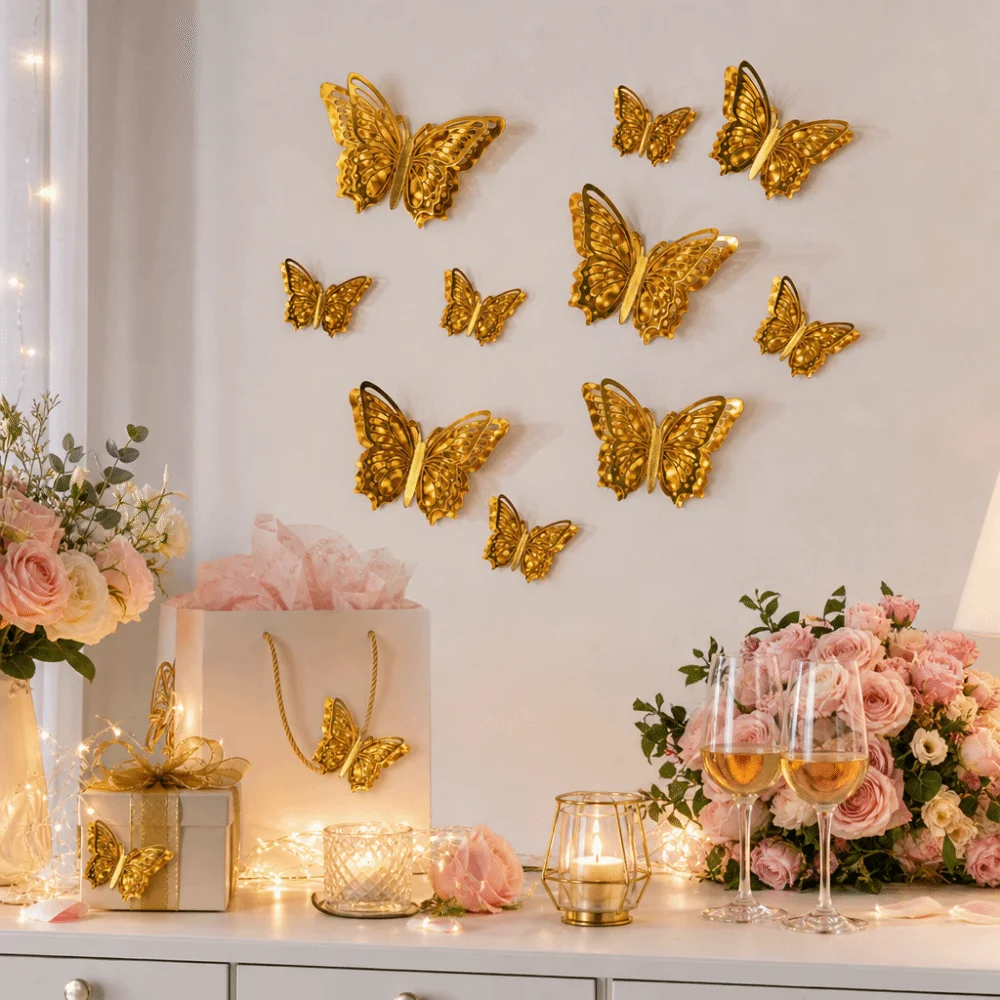 12 Pcs Colorful 3D Butterfly Wall Stickers Glitter Wings Hollow Butterfly-Shaped Wall Decor Patchwork Fairy Wall Decals