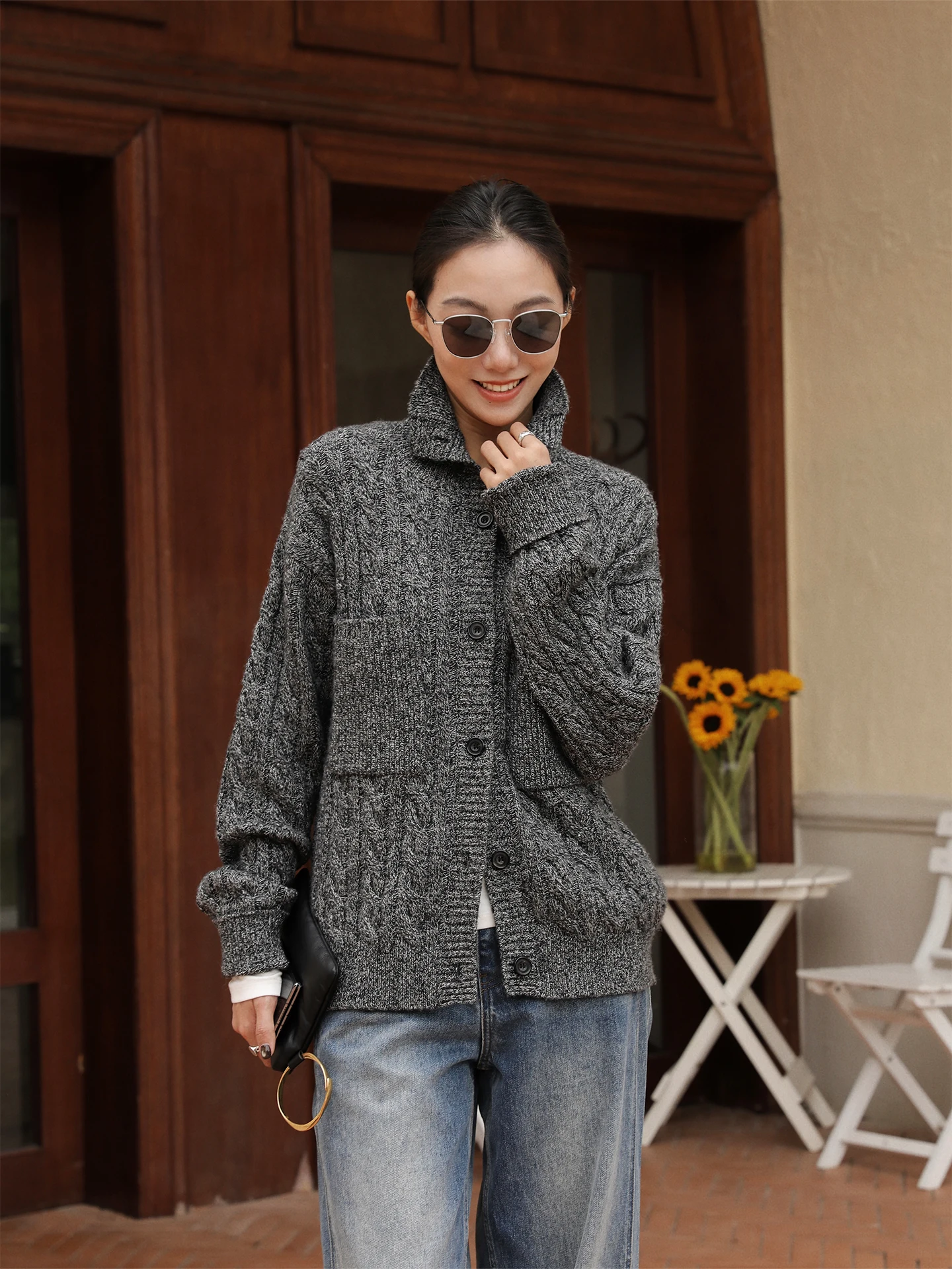 

Тяжелый вязаный шерстяной свитер, новый зимний свободный кардиган с высоким воротником, женский модный теплый однотонный свитер