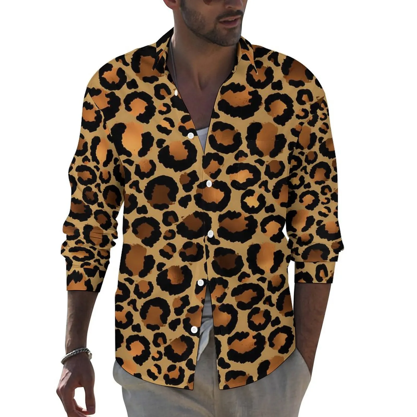 Brown Leopard Spots Shirt Autumn Wild Animal Print Casual Shirts Man Trendy Blouses Long Sleeve Streetwear Clothes Plus Size