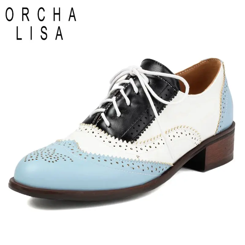 ORCHA LISA British Style Vintage Women Flats Round Toe Thick Heels Hollow Mixed Color Lace Brogues Casual Shoes Big Size 48