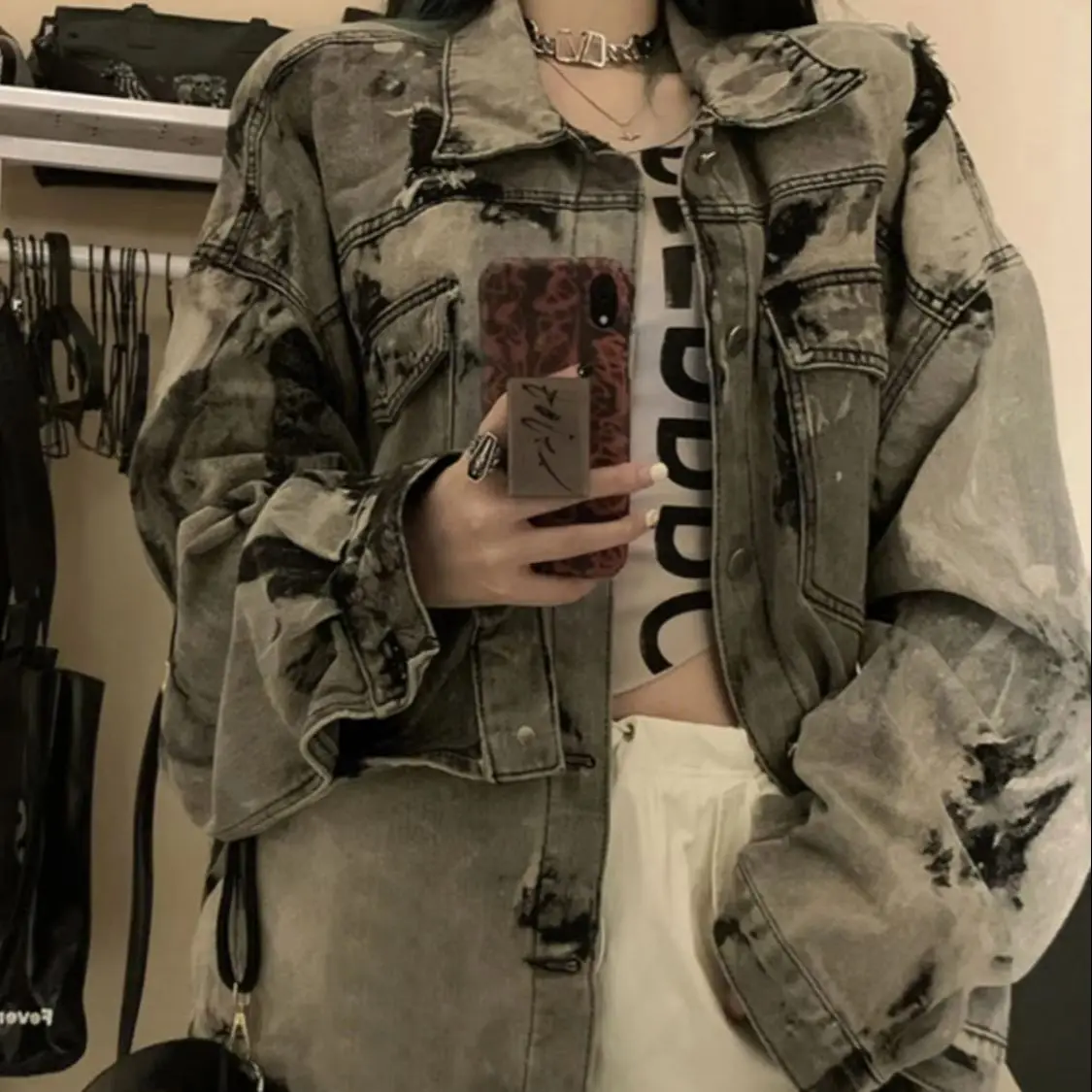 Tie-Dye Workwear Denim Jacket Retro Loose Design Women'S 2024 Autumn New Harajuku Punk Long-Sleeved Denim Jacket