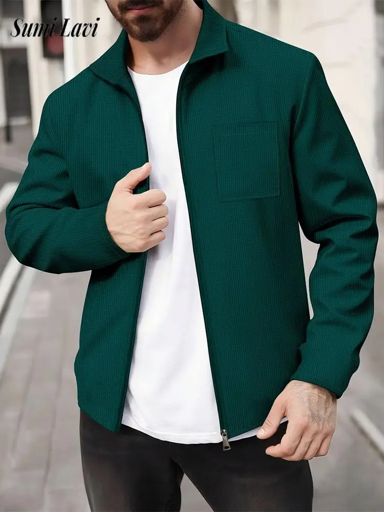 

2025 Autumn New Casual Men's Jackets Streetwear Vintage Lapel Zip-up Waffle Jacket Coat For Men Trendy Solid Color Outerwear