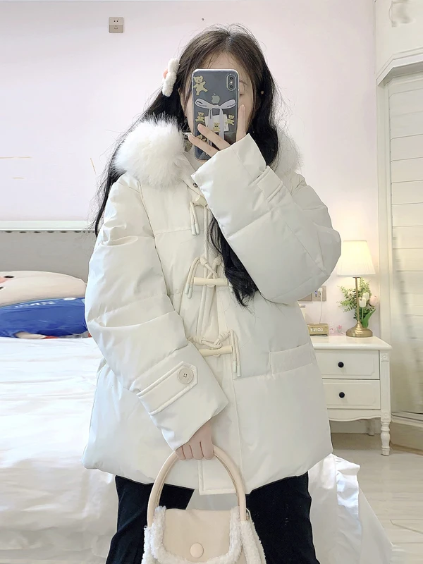 Blue Thiened down Jaet Women's Winter Warm Coat Fur Collar Windproof Outerwear College Sle Loose Fit Polyester Fiber