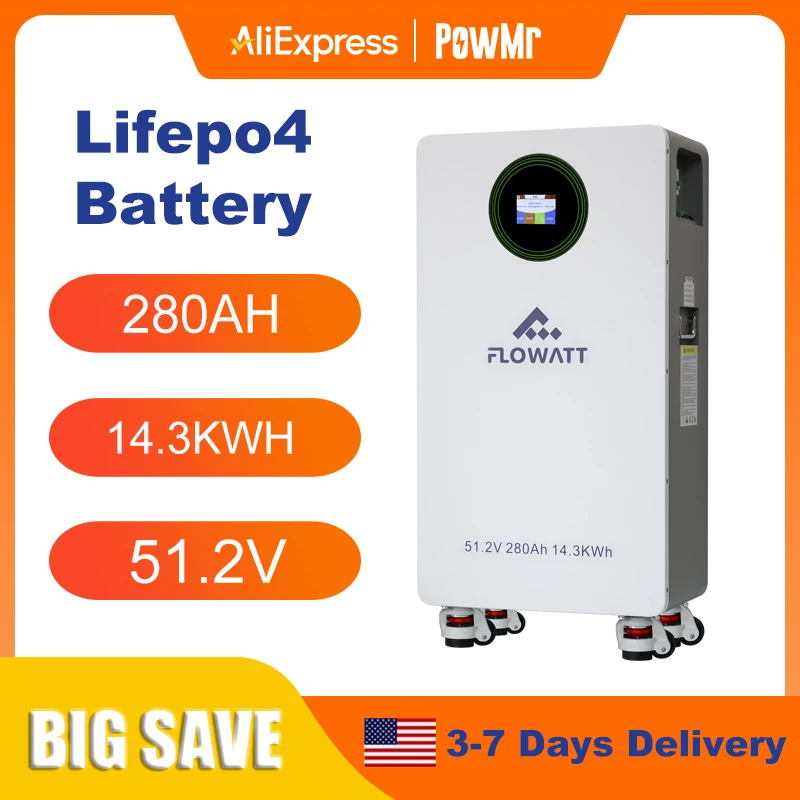 

Flowatt 280AH LiFePO4 Battery 48V 14.3KWH Energy Solar Power Storage Lithium Battery 6000+ Cycle CAN BMS Up to 16 in Parallel