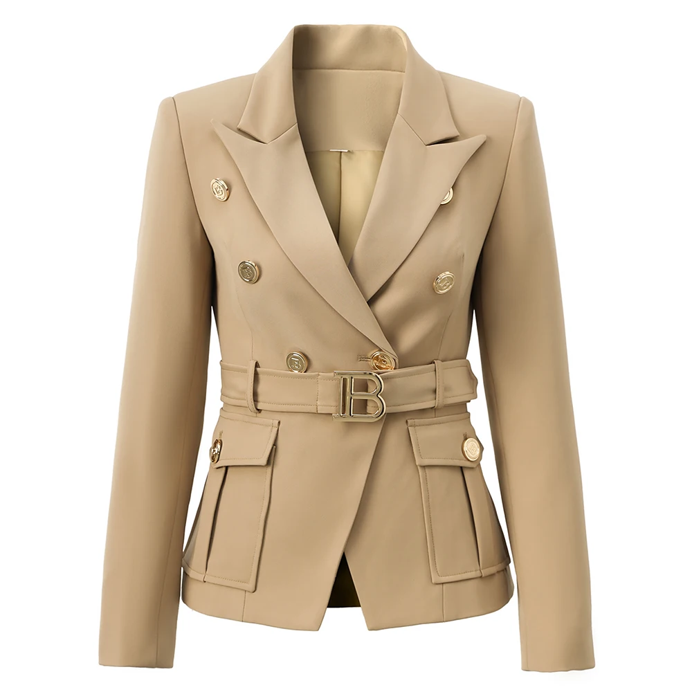 Factory Customize Luxury Quality Classic Style Office kakhi Women Pocket Blazers with Blet