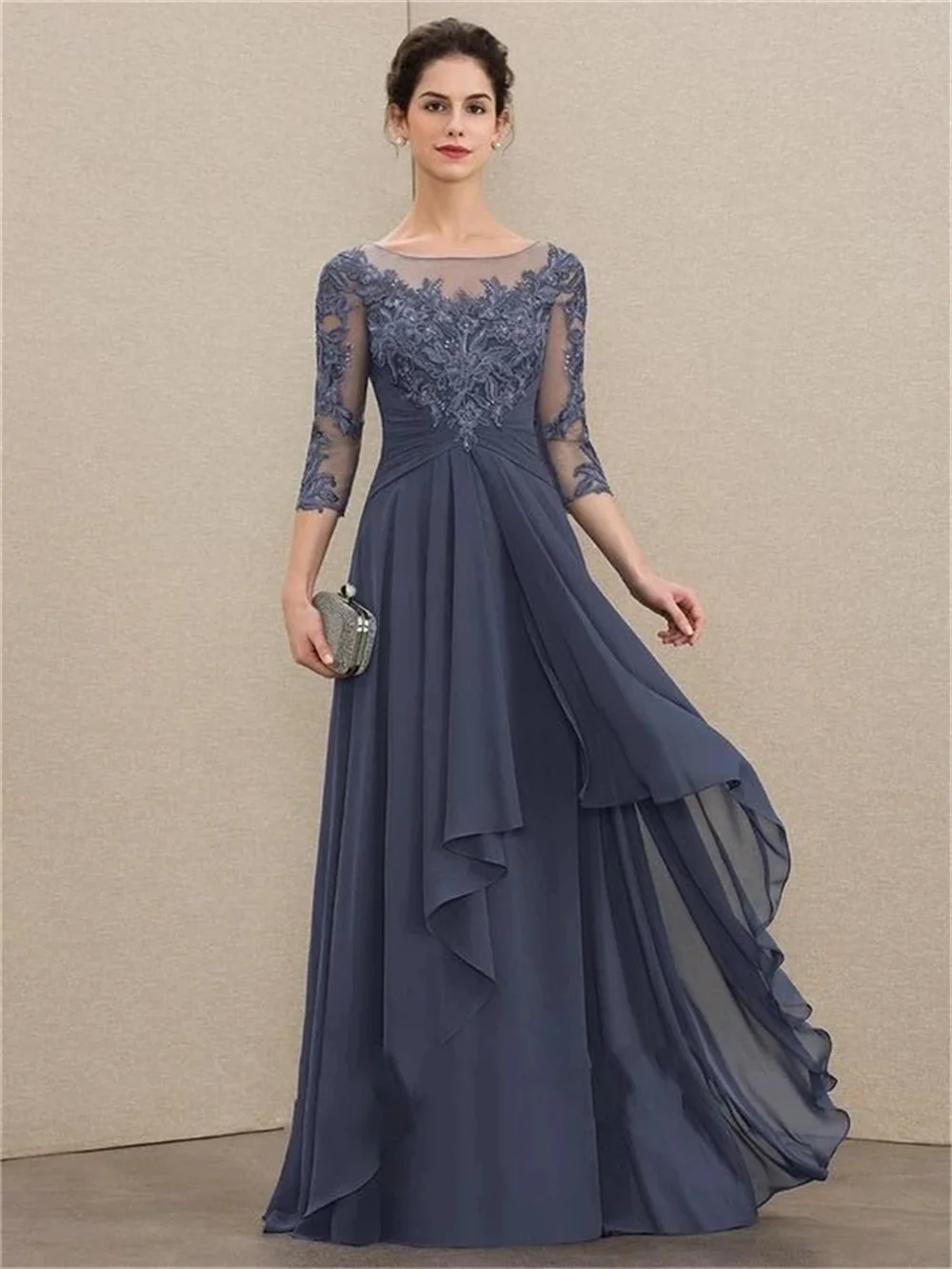 Elegante A-lijn Hals Floor Chiffon Lace Moeder Van De Bruid Jurken Met Cascading Ruches Elegante Dames Party gown