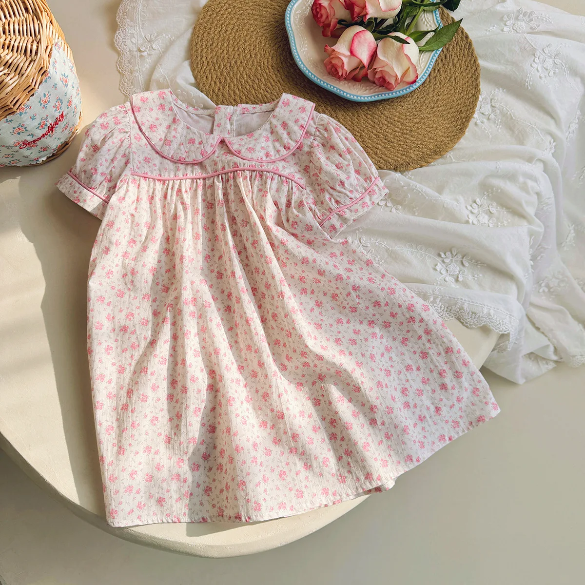 

Baby collar girl's dress 2024 summer new cotton children's clothing floral girl's dress princess skirt