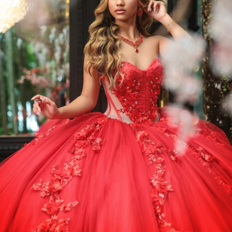 

Red Shiny Quinceanera Dresses Off The Shoulder Applique Flower Beading Crystal Tull Party Birthday Sweet 16 Dress Vestidos 15 De