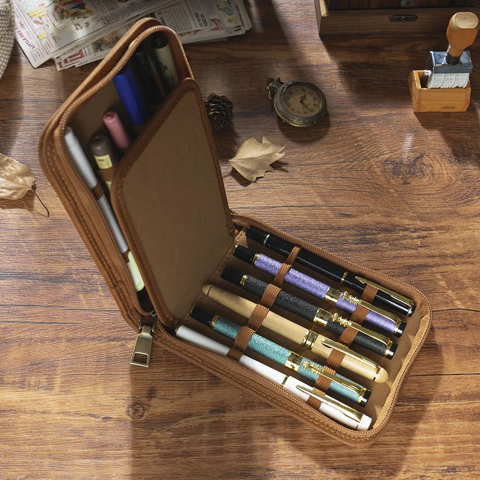 Retro 12-slot Fountain Pen Case Handmade Genuine Leather Zipper Stationery Storage Bag Multi-functional Pencil Case Business Gif