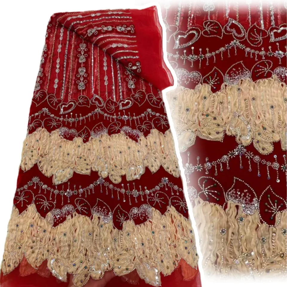 

Luxury Beads Mesh Lace Fabrics Velvet Lace Nigerian African Tulle French Tulle Beaded Net Lace for Women Evening Dresses 1971