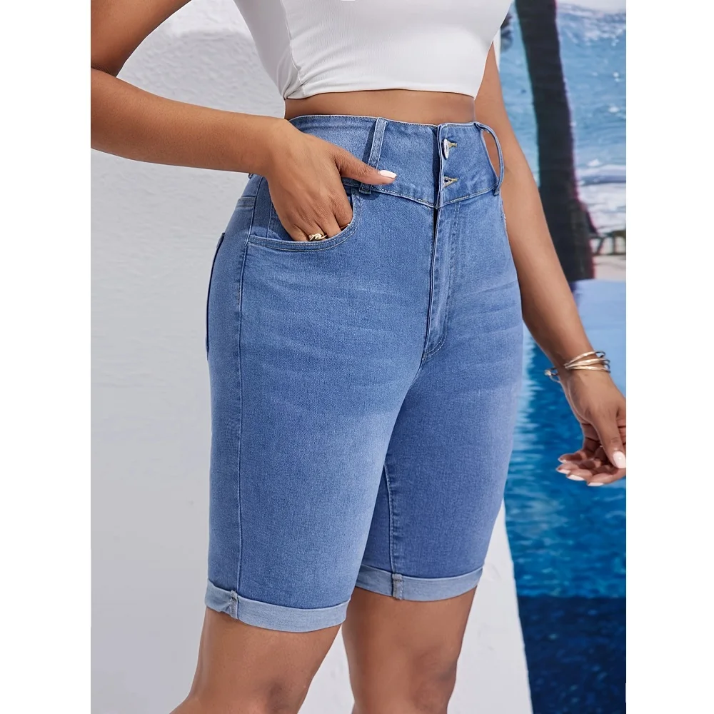 Women Summer High Waist Knee Length Denim Shorts Ladies Stretch Jeans Short Pants
