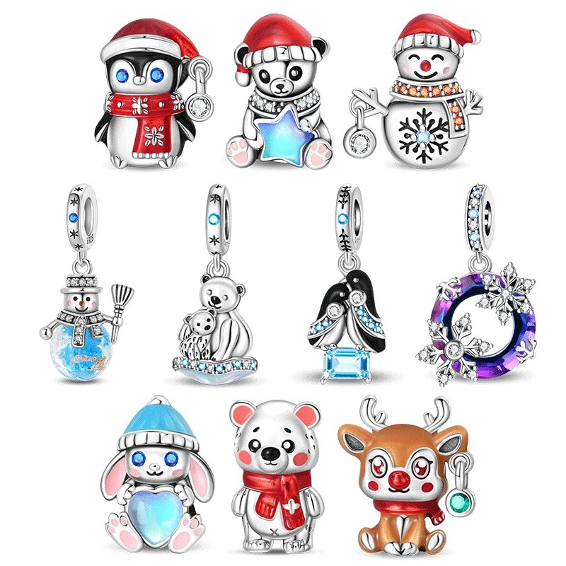 

925 Sterling Silver Christmas Snowman Reindeer Charms Penguin Beads Fit Original 925 Bracelet DIY Jewelry Making Women's Gift
