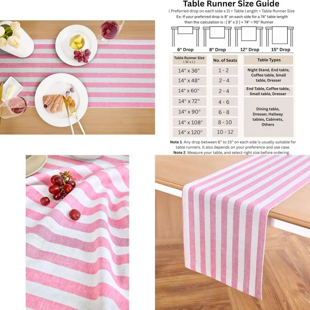 

Linen Striped Table Runner - Pure 100% Linen, 14x132 Inches, Chateau Rose & White Dining Decor