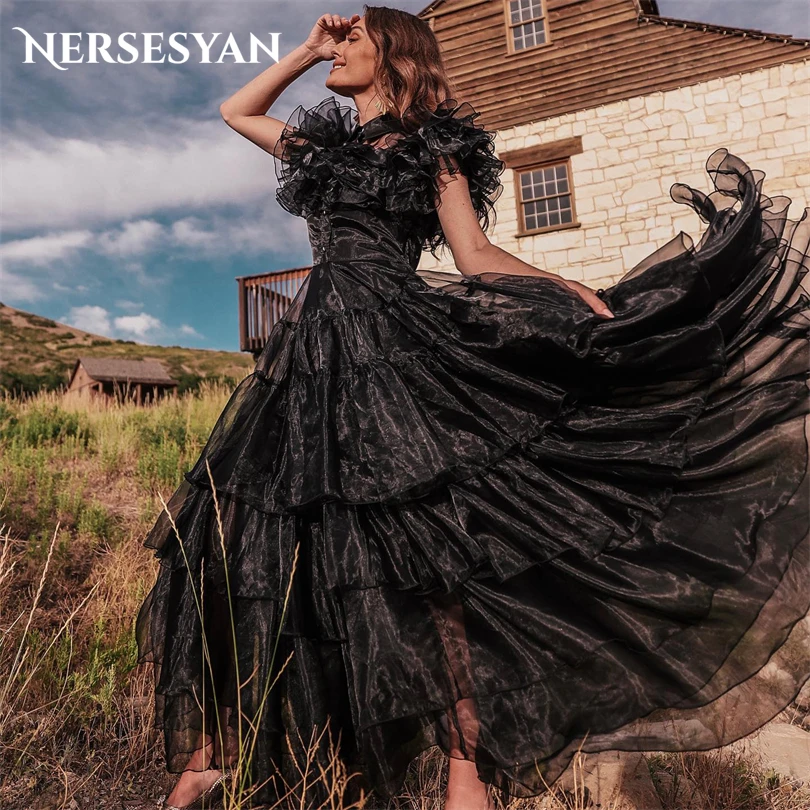 

Nersesyan Stylish Black Ruffled Pleats Evening Gown Tiered A Line Draped Party Dresses Tulle Graduation 2023 Vestidos De Fiesta