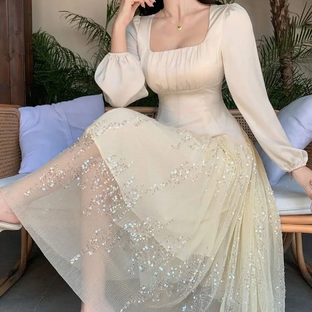 Abiti da sera a trapezio personalizzati Abito da ballo a maniche lunghe con colletto quadrato lungo fino al tè Abito da festa drappeggiato con paillettes alla moda semplice