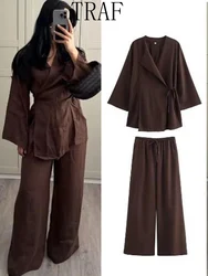 TRAF Autumn Fashion Kimono Style Loose Lace Up Shirts 2024 Casual 2 Pieces Women 2024 Loose Tops Women's Wide Leg Pants Set