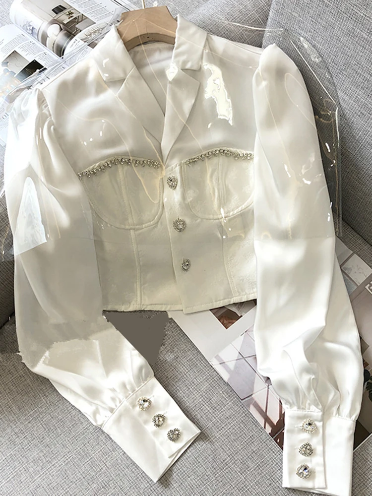 Chic Summer Women Rhinestones Satin Blouse White Faux Silk Diamonds Beaded Shirts Slim OL Long Sleeve Crystal Cardigan Crop Tops