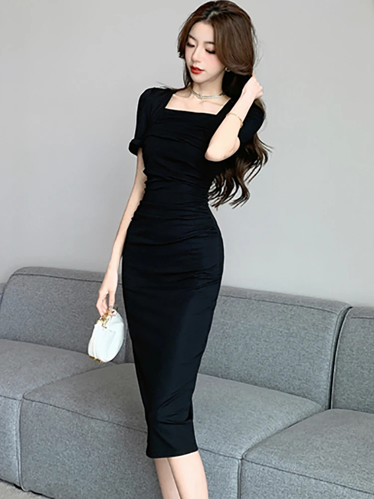 Summer Black Short Sleeve Square Collar Midi Dress Women Pleated Bodycon Home Dress 2024 Korean Vintage Hepburn Elegant Vestidos