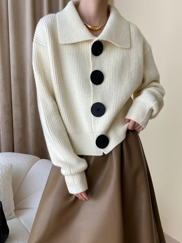 Fashion Big Button Cardigan for Women Loose Thickening Turn-down Collar Knit Sweater Autumn and Winter 2024 Grey Cardigan Coat