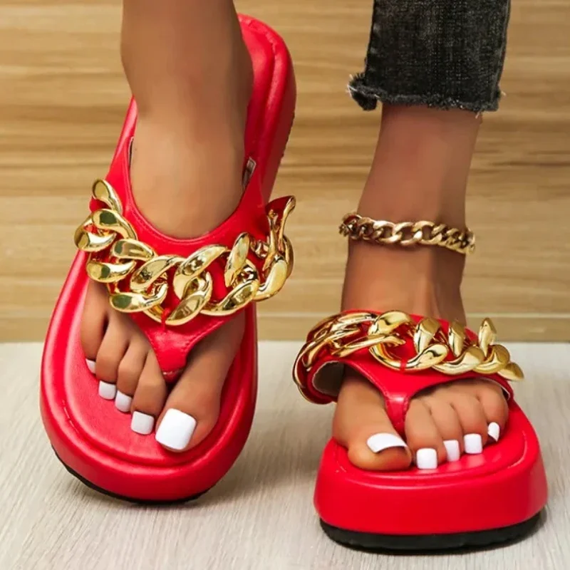 Ladies Shoes on Sale 2024 New Summer Women's Slippers Metal Decoration Open Toe Mid Heel Water Proof Large Size Thong Slippers