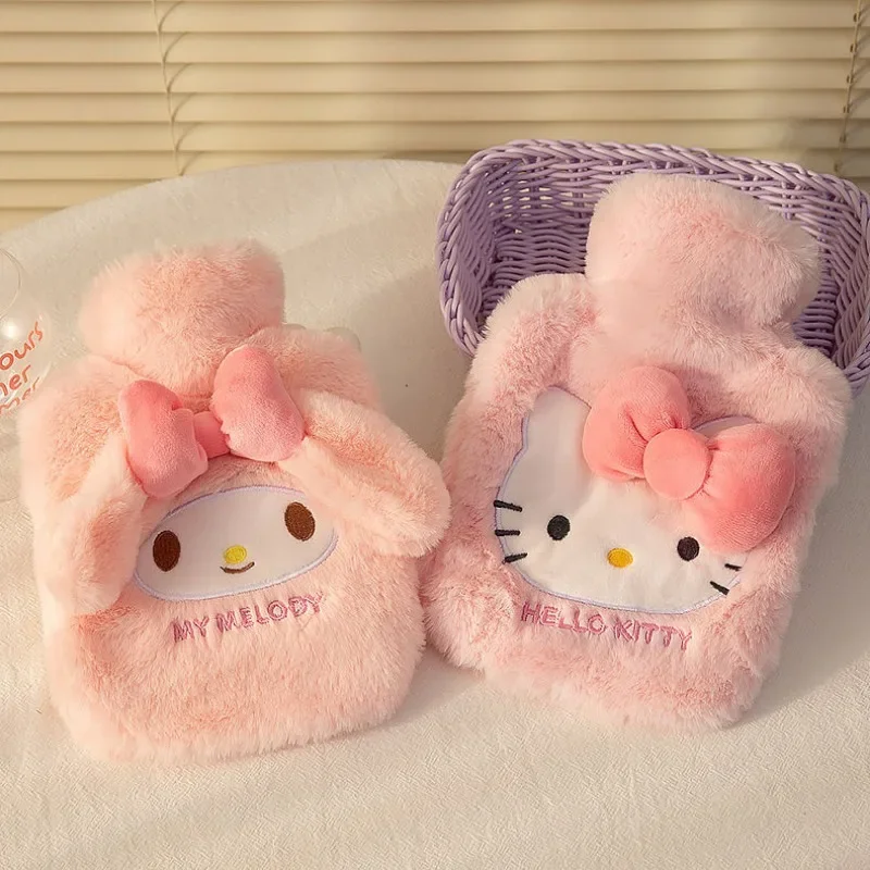 Kawaii sanrio saco de água quente de pelúcia kawaii olá kitty kuromi cinnamoroll melodia reutilizável aquecimento garrafa de água quente sacos presente das meninas